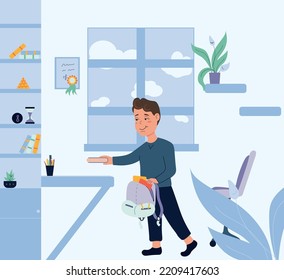 Schoolboy packs a backpack, morning pickup for school. A boy with a backpack in his room. Vector Back to School Illustration