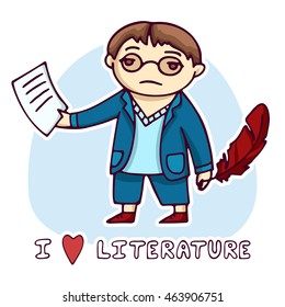 Schoolboy with paper and feather, "I love literature" color vector illustration.