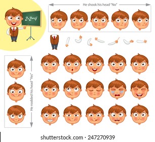 Schoolboy. Parts of body template for design work and animation. Face and body elements. Funny cartoon character. He nodded his head yes. He shook his head no. Vector illustration. Set