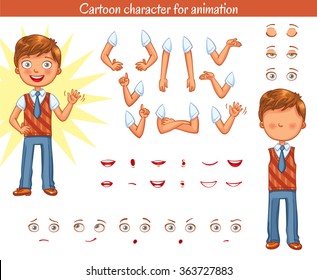 Schoolboy. Parts of body template for design work and animation. Face and body elements. Funny cartoon character. Vector illustration. Isolated on white background. Set