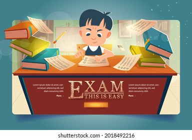 Schoolboy pass exam cartoon banner, Boy solve test