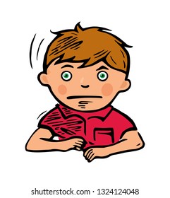 Schoolboy with a pen in his hand thinks over a task. Vector color illustration isolated on white background