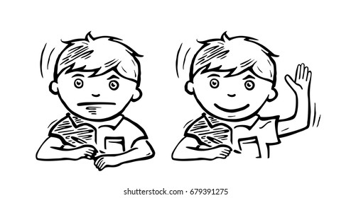 Schoolboy with a pen in his hand thinks over a task. Vector black illustration isolated on white background