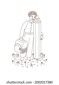 Escolar con un lápiz. Imagen de contorno sobre fondo blanco. Libro de Colores para niños. Elemento de diseño. Ilustración vectorial.