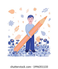 Schoolboy with a pencil on the background of falling leaves of the lawn and flowers. Multi-colored illustration. Vector graphics.