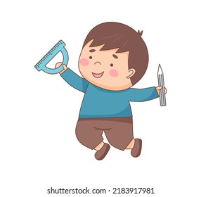 Schoolboy with pencil and protractor - back to school and education concept