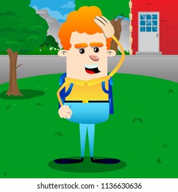 Schoolboy placing hand on head. Vector cartoon character illustration.