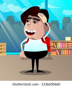Schoolboy placing hand on head. Vector cartoon character illustration.
