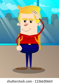 Schoolboy placing hand on head. Vector cartoon character illustration.
