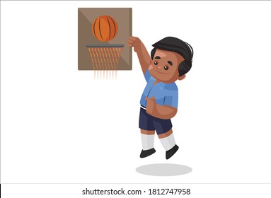 Vektorgrafik. Der Schuljunge spielt Basketball. Individuell auf weißem Hintergrund.