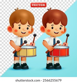 Schoolboy playing drums. 3d vector, Suitable for education and design elements