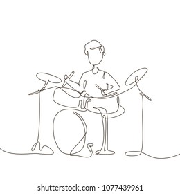 Schoolboy playing drums - one line design style illustration on white background. A composition with cute kid, young drummer. High quality image for your presentation