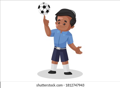 Schoolboy is playing with a football. Vector graphic illustration. Individually on white background.