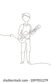 Schoolboy playing guitar - one line design style illustration on white background. A composition with cute kid, young guitarist. High quality image for your presentation