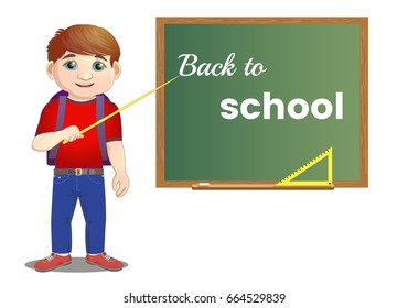 Schoolboy with a pointer near the blackboard, on a white background