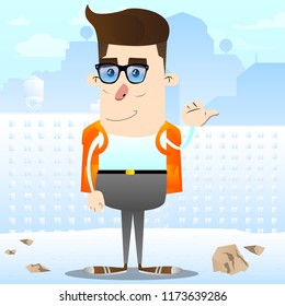 Schoolboy with pointing hand behind his back. Vector cartoon character illustration.