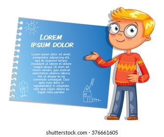 Schoolboy pointing at a poster. Ready for your message. Colorful template for advertising brochure with a cute happy boy. Funny cartoon character. Vector illustration. Isolated on white background