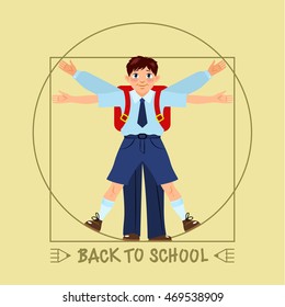 Schoolboy posed like Leonardo's Vitruvian man. Back to school. Parody of Da Vinci. Concept about education. Vector illustration EPS 10.