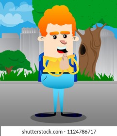 Schoolboy with praying hands. Vector cartoon character illustration.