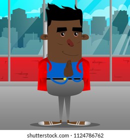 Schoolboy with praying hands. Vector cartoon character illustration.
