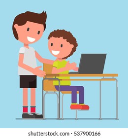 schoolboy, pupils, students, children. Help with computer, laptop. Senior helps younger. Vector illustration. Flat design style.