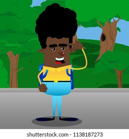 Schoolboy puting an imaginary gun to his head. Vector cartoon character illustration.