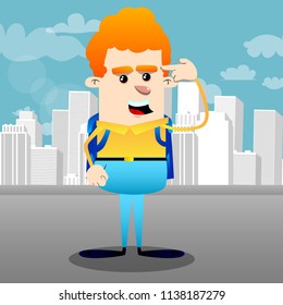 Schoolboy puting an imaginary gun to his head. Vector cartoon character illustration.