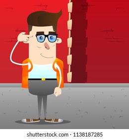 Schoolboy puting an imaginary gun to his head. Vector cartoon character illustration.