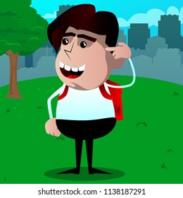 Schoolboy puting an imaginary gun to his head. Vector cartoon character illustration.