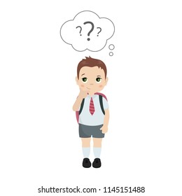 Schoolboy with question marks. Cartoon style vector illustration isolated on white background.