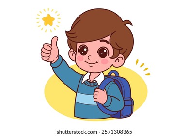 A schoolboy raise thumb up give feedback. Cartoon People Vector Illustration.