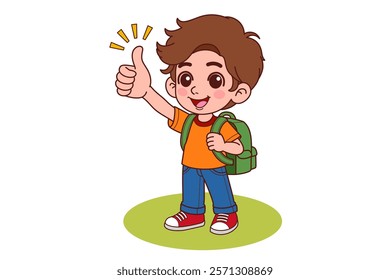 A schoolboy raise thumb up give feedback. Cartoon People Vector Illustration.