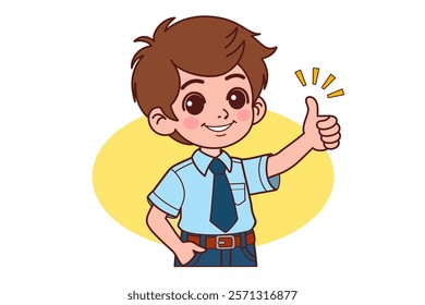 A schoolboy raise thumb up give feedback. Cartoon People Vector Illustration.