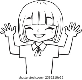 Schoolboy raises both hands kids