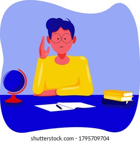 Un escolar levanta la mano para obtener una respuesta. Ilustración vectorial al estilo de las caricaturas. El estudiante está sentado a la mesa en una lección. 