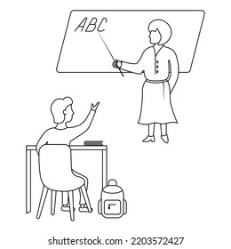 Un escolar levanta la mano para responder la pregunta del profesor. Esbozo. Una mujer señala con un puntero las letras del ABC escritas en la pizarra. Ilustración vectorial. 