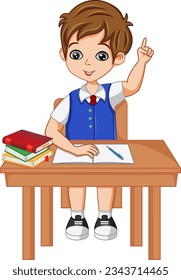 Der Schüler meldet sich, um die Frage zu beantworten. Bildungskonzept. Vektorgrafik eines Jungen, der in der Lektion sitzt.