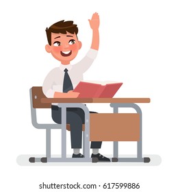 Schoolboy raises his hand for an answer. Vector illustration in cartoon style
