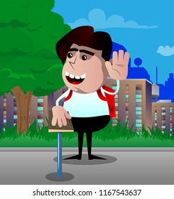 Schoolboy raising his hand and put the other on a holy book. Vector cartoon character illustration.