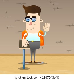 Der Schuljunge hob die Hand und legte den anderen auf ein heiliges Buch. Vektorcartoon-Zeichengrafik.