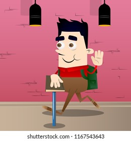 Schoolboy raising his hand and put the other on a holy book. Vector cartoon character illustration.