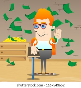 Schoolboy raising his hand and put the other on a holy book. Vector cartoon character illustration.