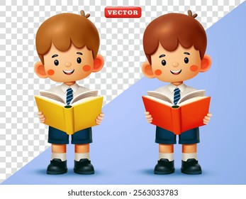 Schoolboy reading a book. 3d vector, Suitable for education and design elements