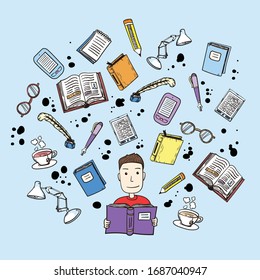 Schoolboy reading a book. Doodle hand drawn study elements