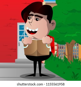 Schoolboy reading book and hiding behind it. Vector cartoon character illustration.