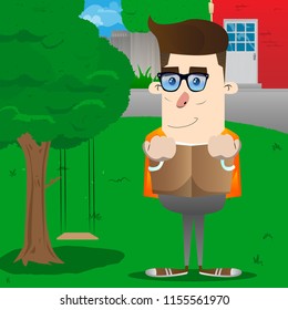 Schoolboy reading book and hiding behind it. Vector cartoon character illustration.