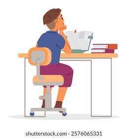 Schoolboy reading a book on bookend flat vector illustration isolated on white.