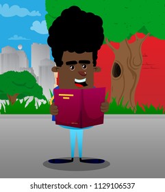 Schoolboy reading a book. Vector cartoon character illustration.