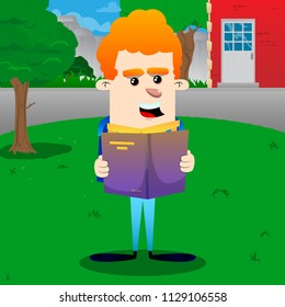 Schoolboy reading a book. Vector cartoon character illustration.
