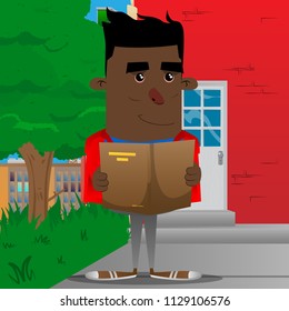 Schoolboy reading a book. Vector cartoon character illustration.